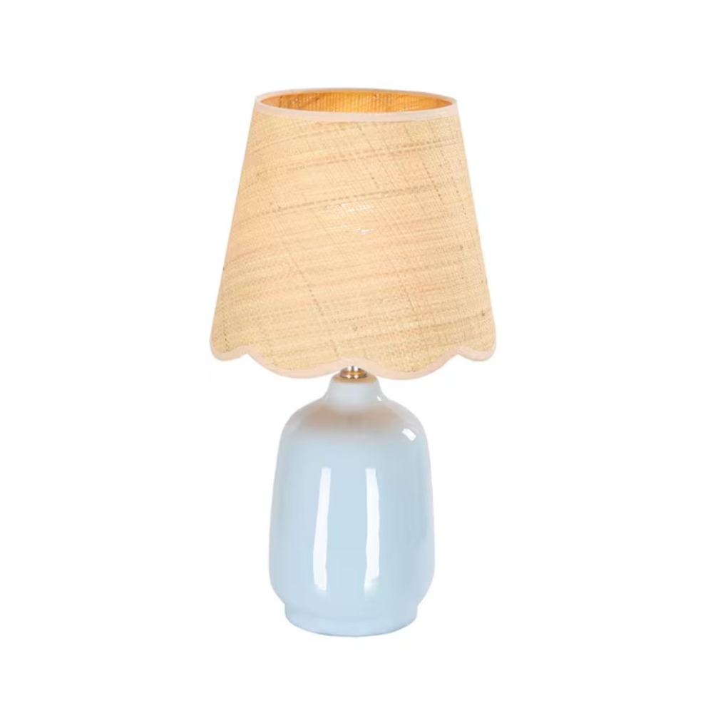 Light Blue Table Lamp Scalloped Rattan Shade Modern Boho Accent Lamp NEW